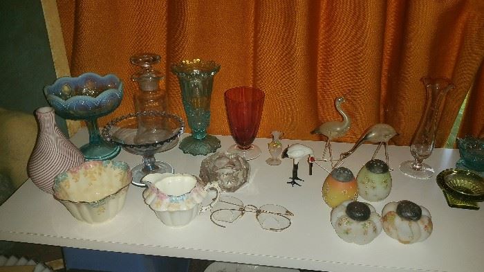 Opalescent early american pressed glass (EAPG) - Early Shelley china - Bimini lamp work hand blown birds - Mount Washington salt shakers