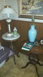 marble top candle stand....lyre base table...table lamps...misc