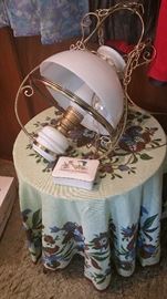 vintage tablecover - hanging milk glass lamp
