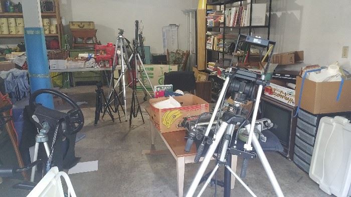 multiple professional tripods and other misc garage items