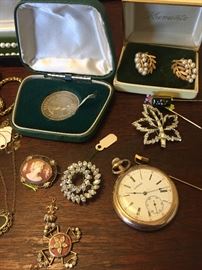 running pocket watch, fab small cameo, Canada BC centennial dollar, silver-early stick pins Krementz jewelry