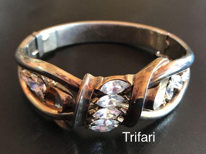 Vintage Trifari gold-tone and rhinestone hinged bracelet 