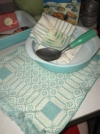 Vintage placemats, potholde, ice cream scoop and Pyrex! 
