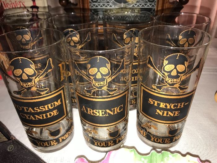 The coolest vintage bar glasses by Georges Briard~ Name your Arsenic, Name your Strychnine-Nine, Name your Potassium Cyanide and more! 
