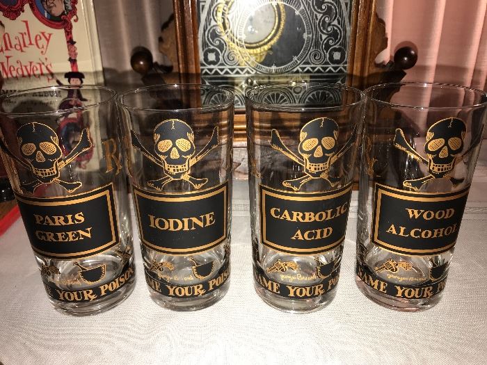 Name your Paris Green, Name your Iodine, Name your Carbolic Acid, Name your Wood Alcohol vintage bar glasses by Georges Briard 