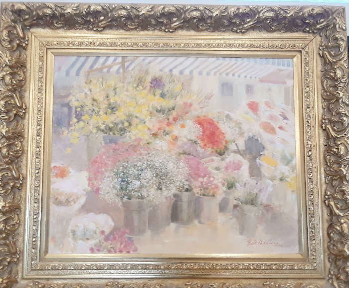 Large oil on canvas by Beth Eidelberg of a flower market, one of her most iconic themes. Fabulous gold ornate frame sets off this painting and makes it a focal point for any home or office. 36 x 48$2,695.00