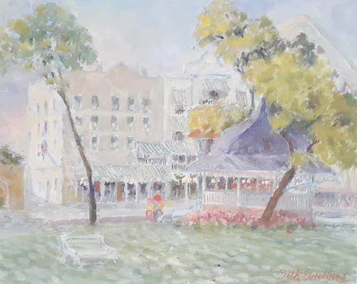 A quick study of a typical small town with a gazebo in the square. Oil on canvas. 24 x 36 - $350