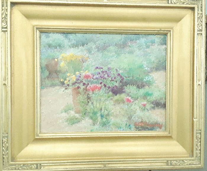 Oil on canvas of a view of a garden with naturalized plants in background. 15 x 20 - $650