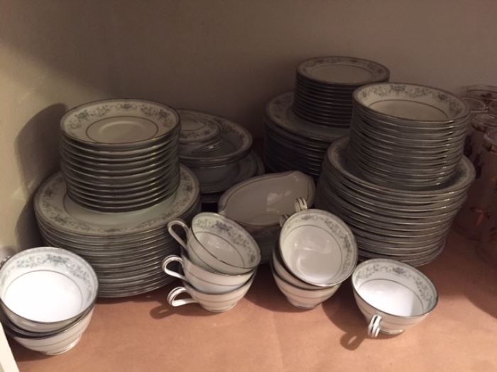 Noritake set -- covered sugar, gravy bot, 2 oval platters, 2 oval vegetable dishes, 10 coffee cups, 12 saucers, 12 berry bowls, 12 salad bowls, 12 bread & butter plates, 12 salad plates, 12 dinner plates = 88 pieces