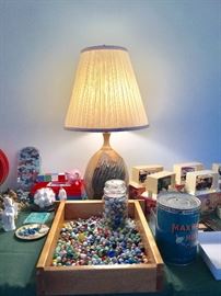 Vintage marbles, clay lamp, vintage games