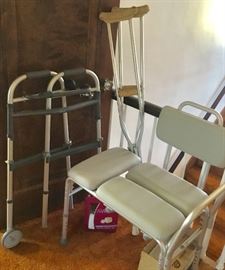 Walker, shower chair, crutches