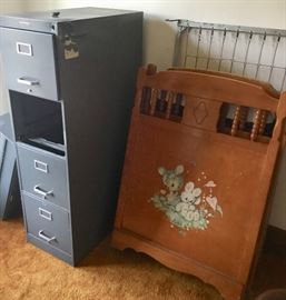 Filing cabinet, vintage crib (does not meet today's safety standards, display only!)