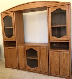 Oak Entertainment Unit w Southwest Flair, Glass Front Doors and Lighted Overhead