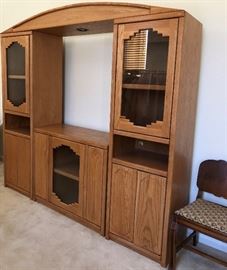 Oak Entertainment Unit w Southwest Flair, Glass Front Doors and Lighted Overhead