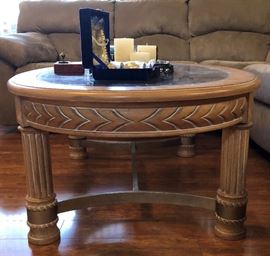 Matching Oval Coffee Table w Glass Inset and Metal Base, Matching Sofa Table, 2 Octagon End Tables and 1 Oval Side Table