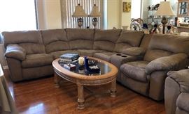 Ashley Microfiber Reclining Sectional and Matching Recliner Rocker, Matching Oval Coffee Table w Glass Inset and Metal Base, Matching Sofa Table, 2 Octagon End Tables and 1 Oval Side Table