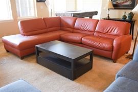 Italsofa Burnt Orange Leather Sleeper Sofa Sectional and Crate and Barrel Tourney Square Coffee Table