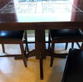 Pub Style Pedestal Table with Tile Inset, 2 Benches and 2 Chairs for a Total of 6 Seats 