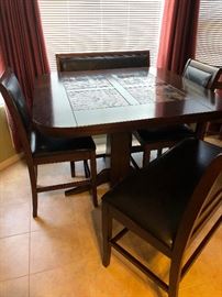 Pub Style Pedestal Table with Tile Inset, 2 Benches and 2 Chairs for a Total of 6 Seats 