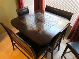Pub Style Pedestal Table with Tile Inset, 2 Benches and 2 Chairs for a Total of 6 Seats 