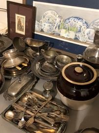 Asst Silverplate, Asst Vtg Tins, Crock#3 w Lid