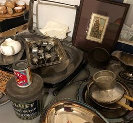 Asst Silverplate, Asst Vtg Tins, Crock#3 w Lid