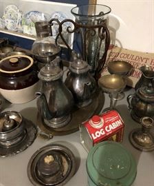 Asst Silverplate, Asst Vtg Tins, Crock#3 w Lid