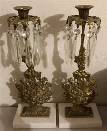 Vtg Brass and Crystal Candle Holders on Marble Base