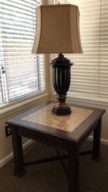 Granite Inlay End Table w Cross Bar Base, Table Lamp w Octagon Shade