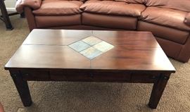 Wood Coffee Table w Slate Inlay and Built-in Drawer