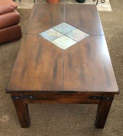 Wood Coffee Table w Slate Inlay and Built-in Drawer