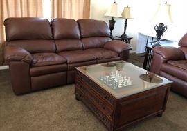 Sofa and Matching Swivel/Rock/Recliner Showcase Top Coffee Table Pair Wood End Tables Slanted Wood End Table Asst Table Lamps Chess Set