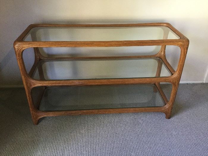 Wicker sofa table with three glass shelves