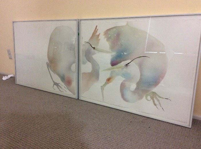Carol Gregg framed diptych of Heron's, 1983  Watercolor on 300 lbs Arches  paper