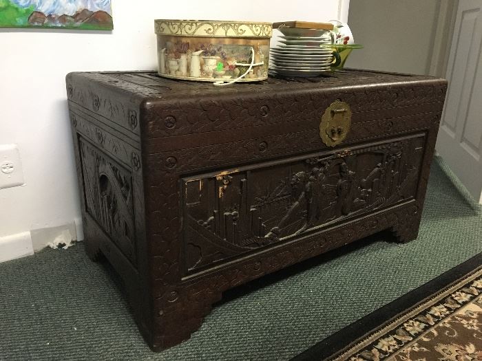 Asian carved wooden trunk