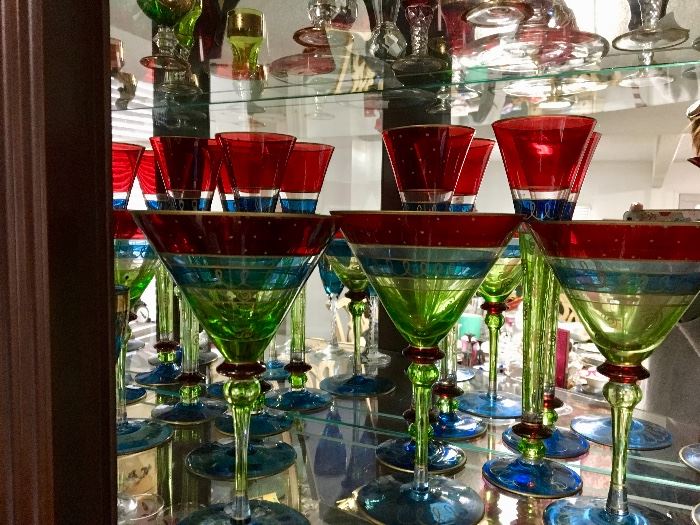 Handpainted glassware set, flutes, martini, small demitasse