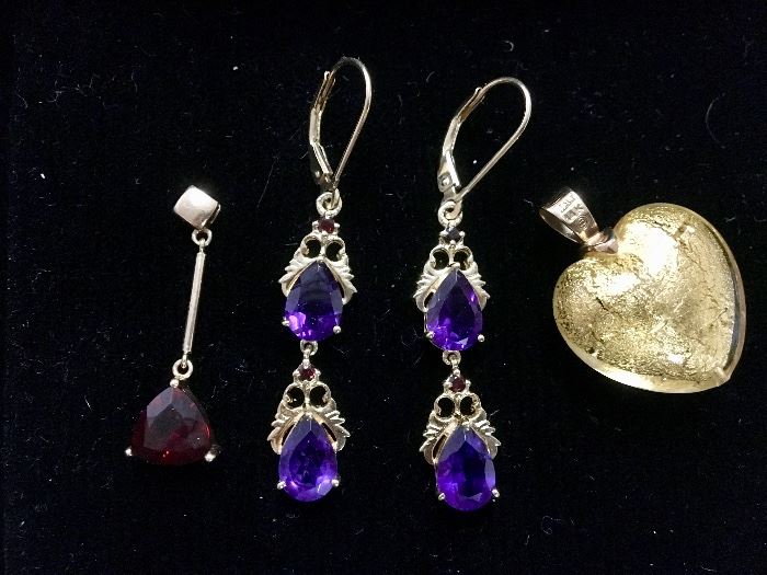 Garnet pendant, amethyst dangle earrings, glass heart w/ 14K 