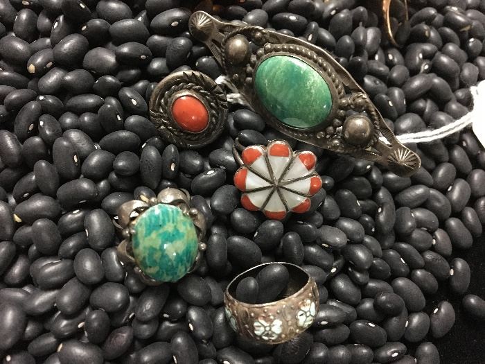 Nice collection of native American rings, coral, russian amazonite