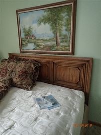 QUEEN HEADBOARD FRAME AND A SLEEP COMFORT  BED / OIL PAINTING