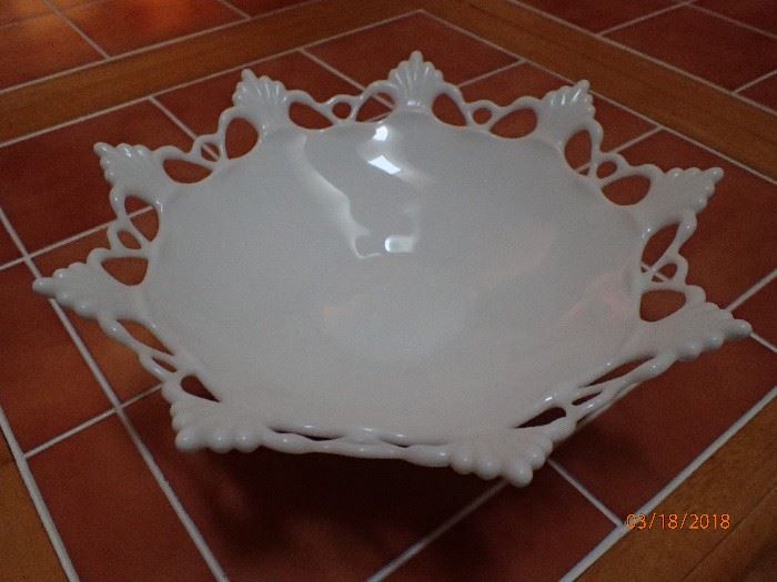 MILK GLASS LACED BOWL