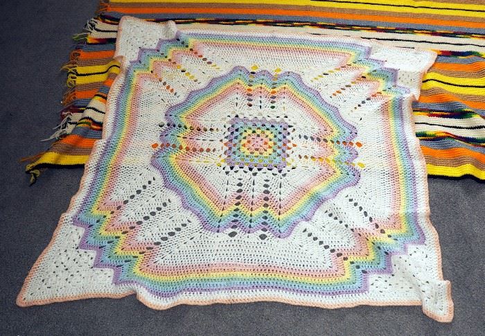 Afghans / Crocheted Blankets, Qty 2, Approx Crib 40" x 40" And 48" x 64"
