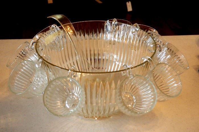 Glass Punchbowl With Ladle And Cups, Qty 10 Cups