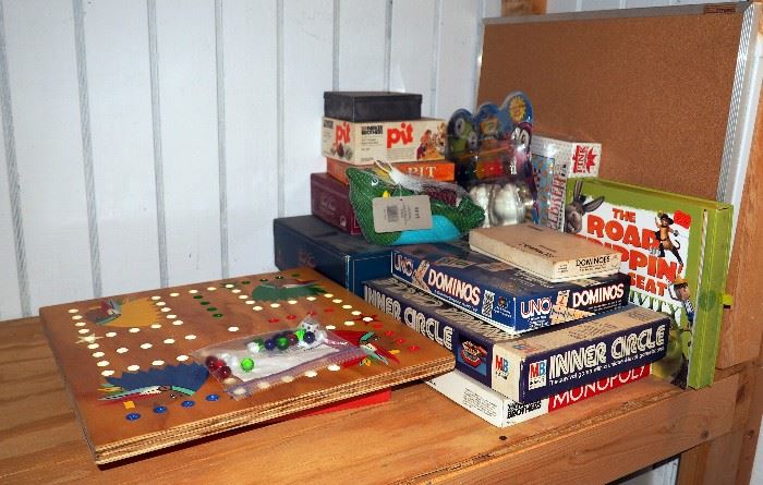 Vintage Wahoo Board Game, Monopoly, Inner Circle, Pit, Uno, Dominoes, Happy Retirement, More, Contents Of Shelf