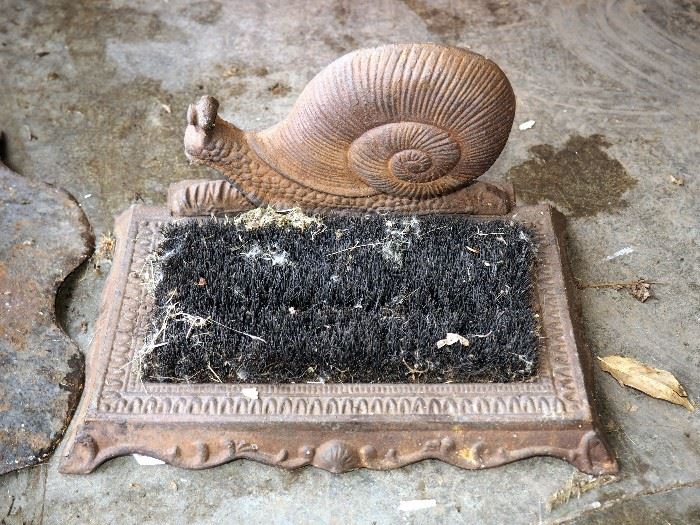 Vintage Metal Boot Scraper, Cow Bell And Cast Iron Snail Boot Brush