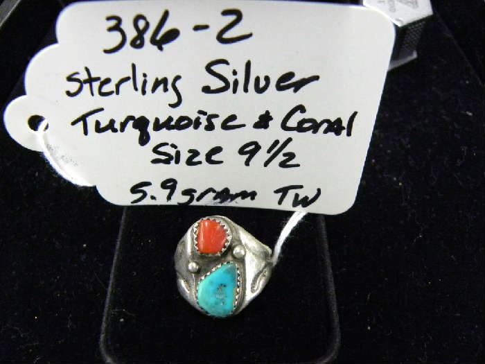 Sterling Silver, Turquoise, Coral Ring