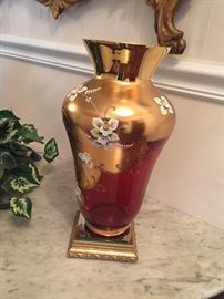 Pair of Incredible Bohemian Lustre Vases in Cranberry Glass with Gold Overlay