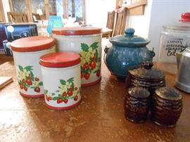 Vintage 3 pc metal cannister set, Crock cookie jar