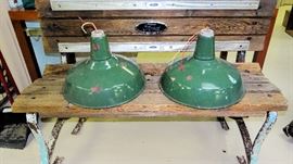 Vintage porcelain enamel service station/shop lights