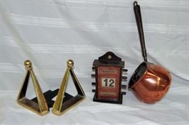 Brass bookends, vintage desktop calendar, copper sauce pot