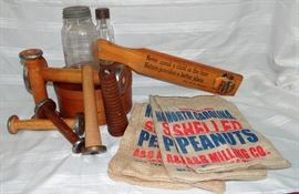 Country decor- wooden textile spools, coffee & snuff jar, burlap peanut bags